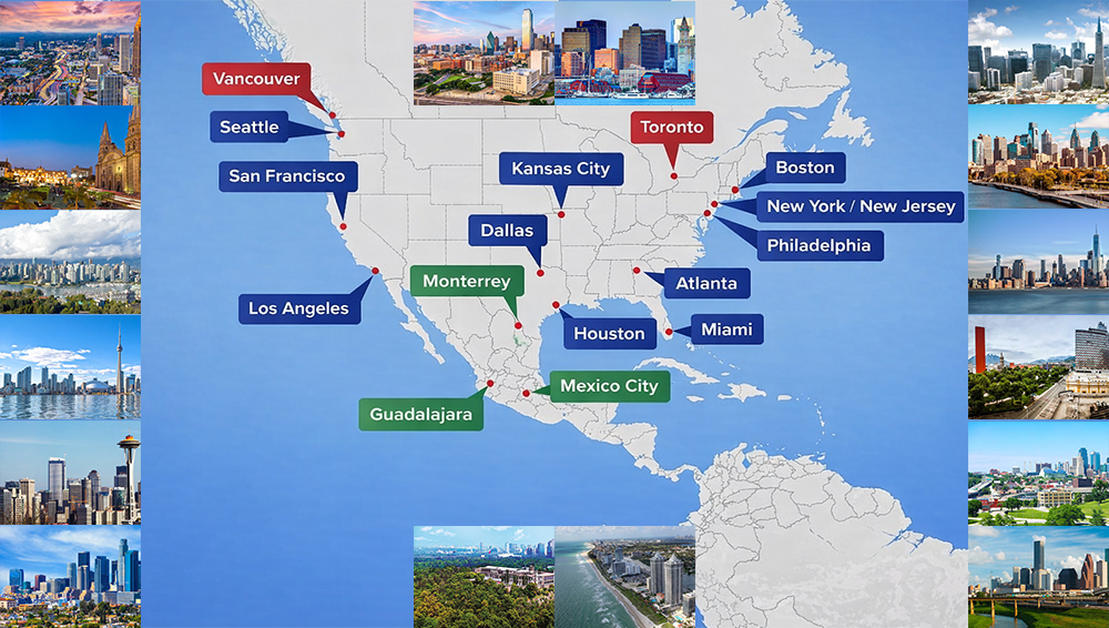 Map of North America with the World Cup host cities