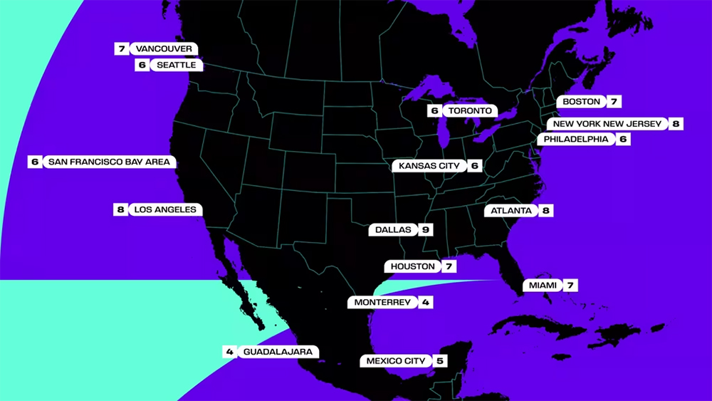 Map showing the number of matches per host city