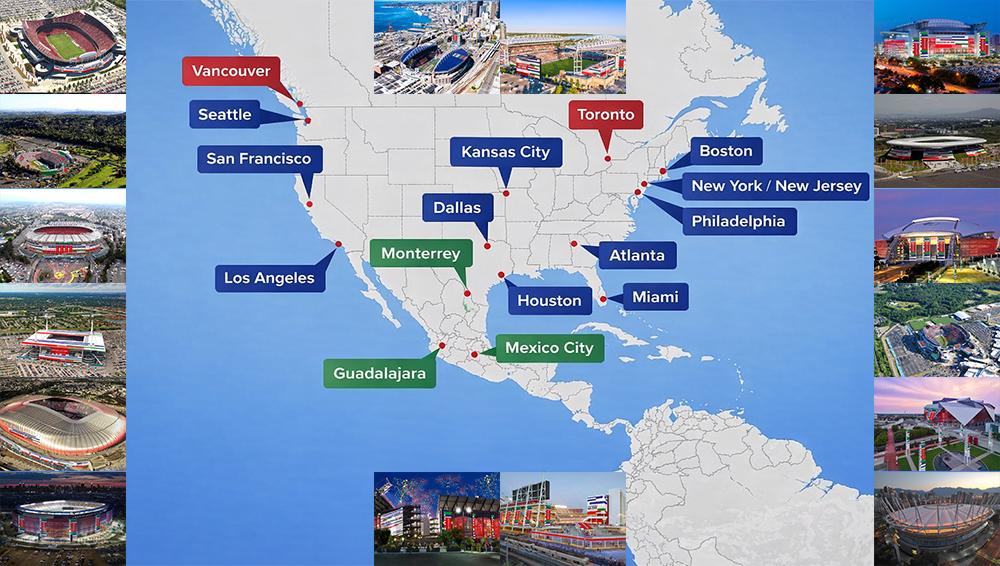 Map of North America with the World Cup stadiums