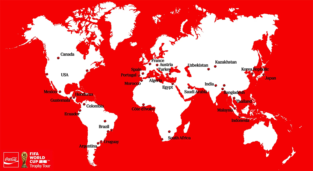Map showing countries visited by the World Cup Trophy Tour
